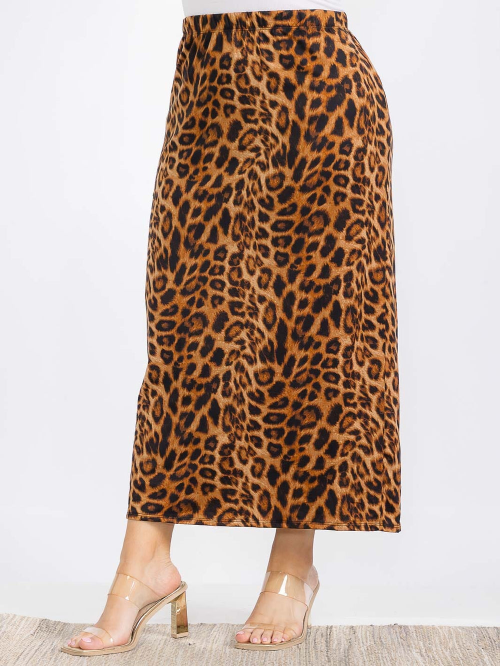 PLUS SIZE ELASTIC WAIST LEOPARD PRINT MAXI SKIRT