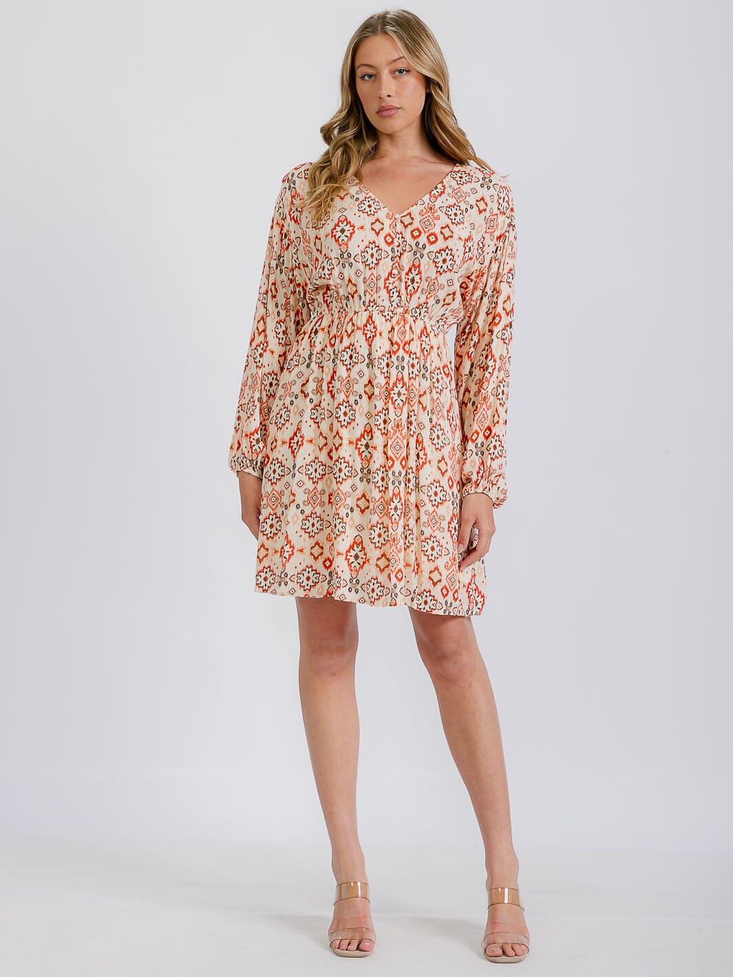 WOMEN'S LONG SLEEVE ELASTIC WAIST V-NECK MULTI PRINT MINI DRESS