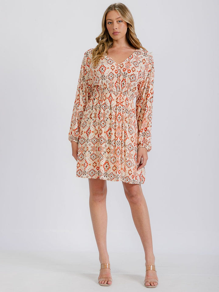 WOMEN'S LONG SLEEVE ELASTIC WAIST V-NECK MULTI PRINT MINI DRESS