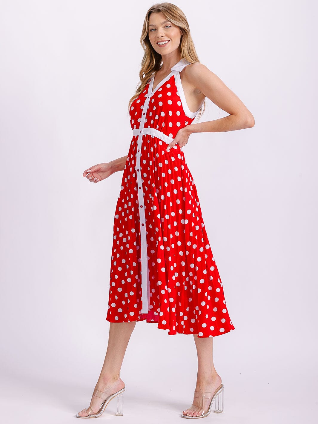 WOMEN'S SLEEVELESS HALTER NECK BUTTON UP POLKA DOTS COLORBLOCK MIDI DRESS