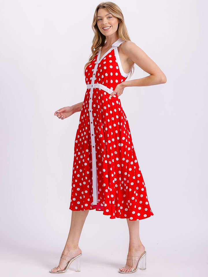 WOMEN'S SLEEVELESS HALTER NECK BUTTON UP POLKA DOTS COLORBLOCK MIDI DRESS