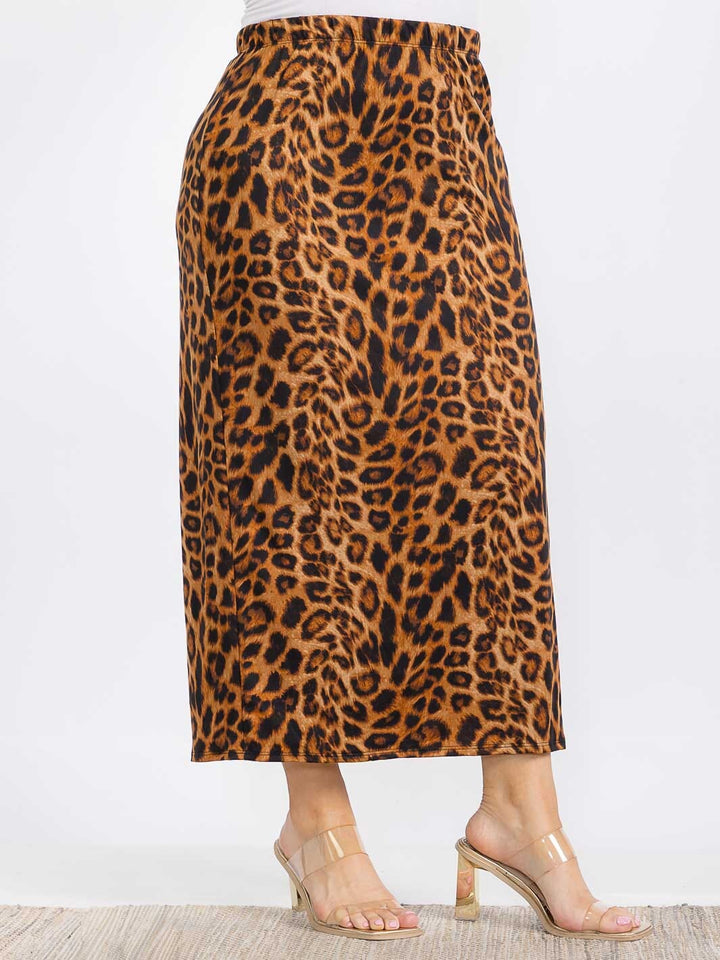 PLUS SIZE ELASTIC WAIST LEOPARD PRINT MAXI SKIRT