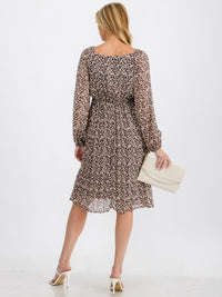 WOMEN'S LONG SLEEVE ELASTIC WAIST FLORAL MIDI DRESS