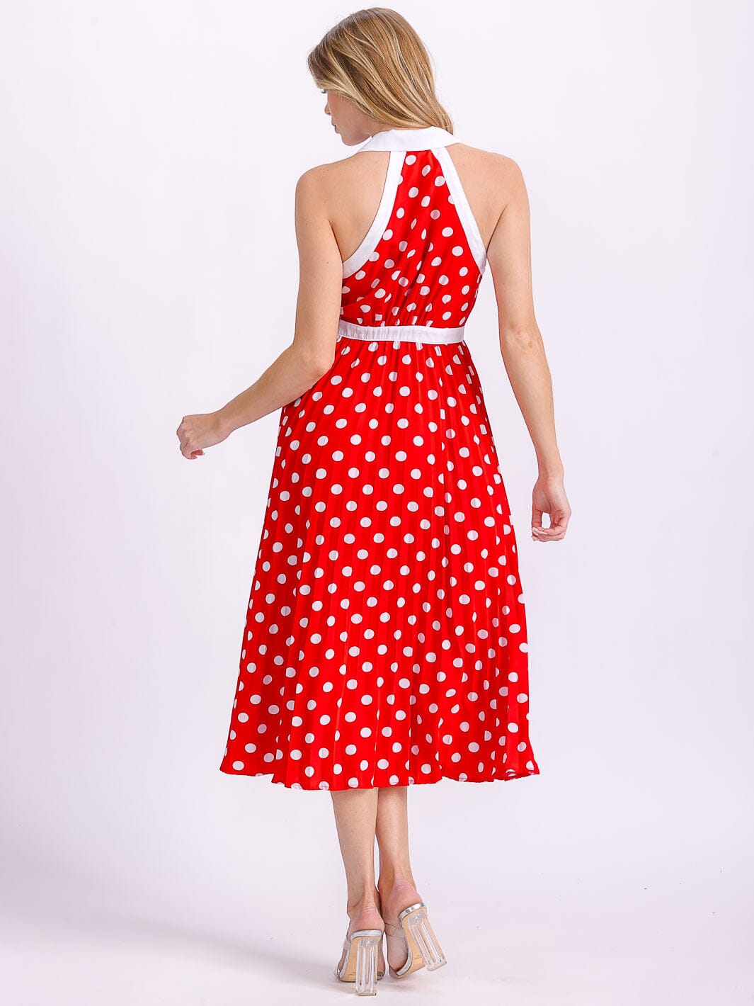 WOMEN'S SLEEVELESS HALTER NECK BUTTON UP POLKA DOTS COLORBLOCK MIDI DRESS