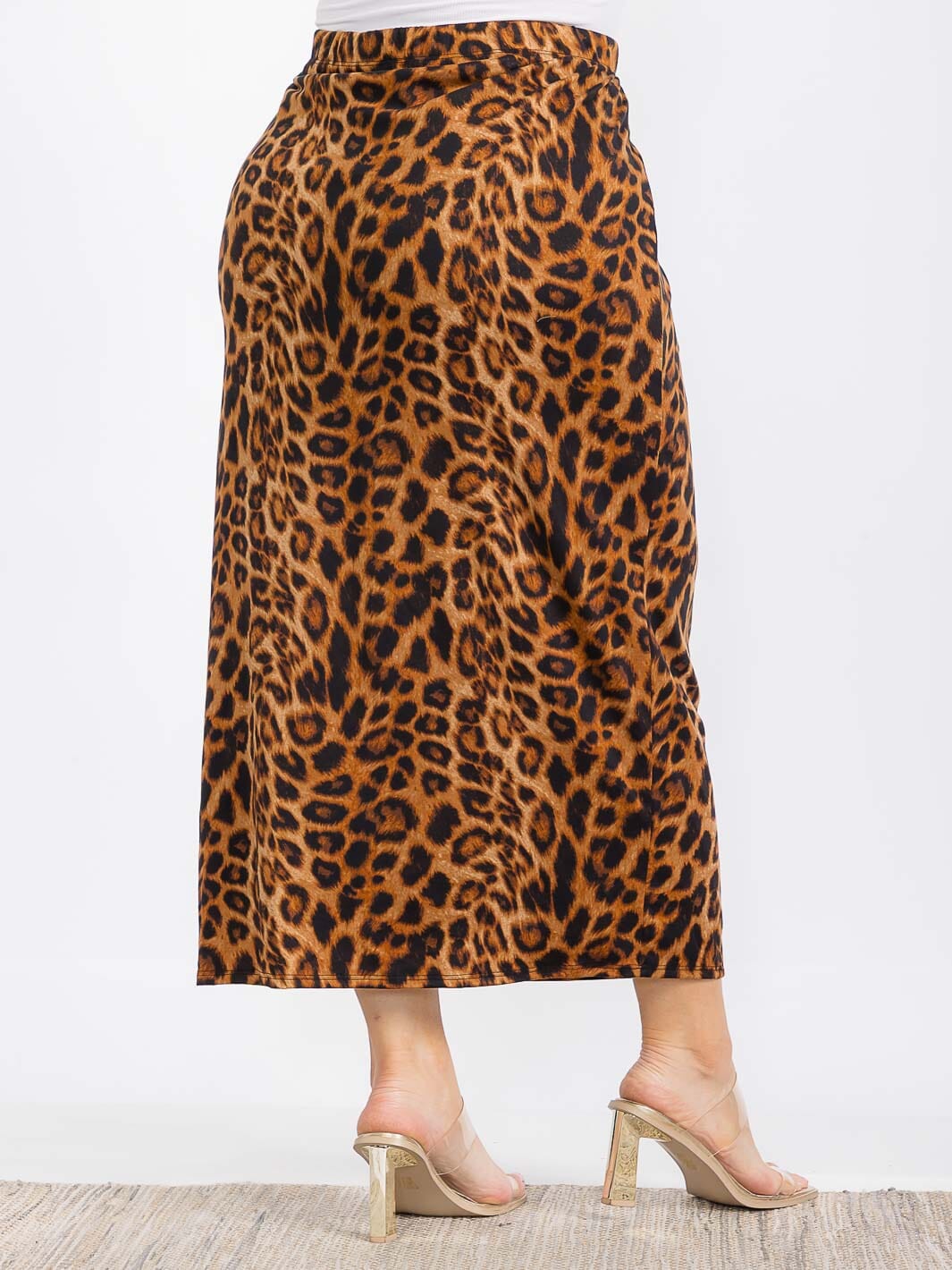 PLUS SIZE ELASTIC WAIST LEOPARD PRINT MAXI SKIRT