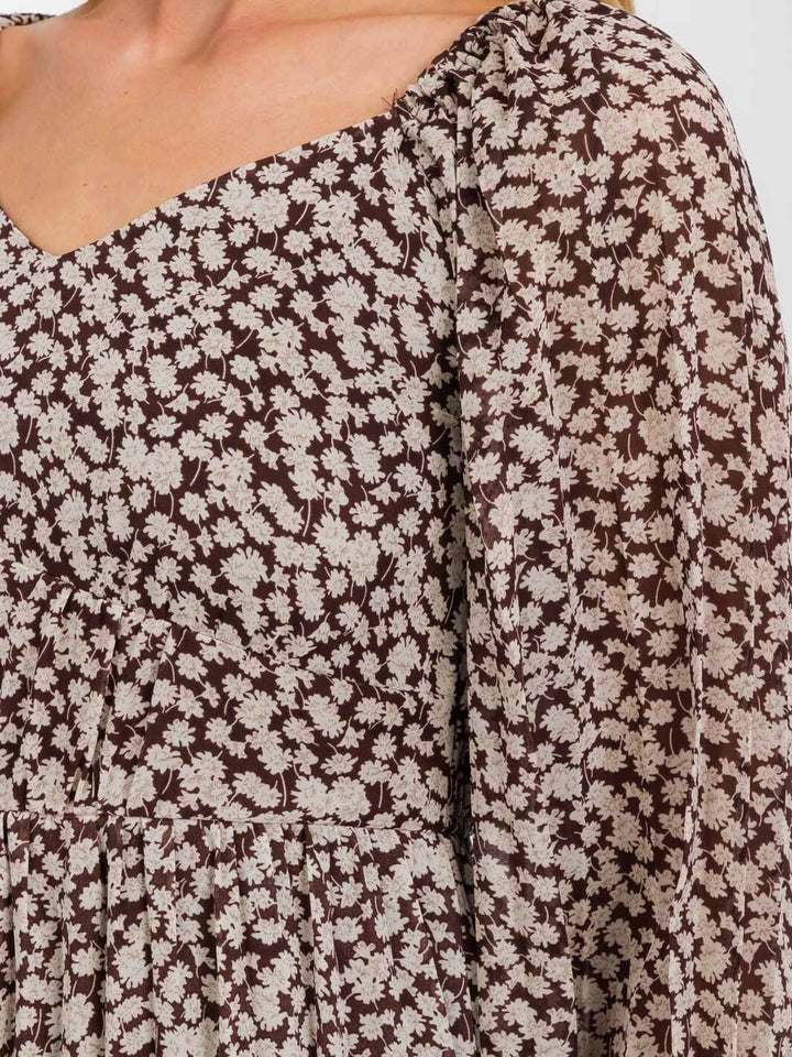 WOMEN'S LONG SLEEVE ELASTIC WAIST FLORAL MIDI DRESS