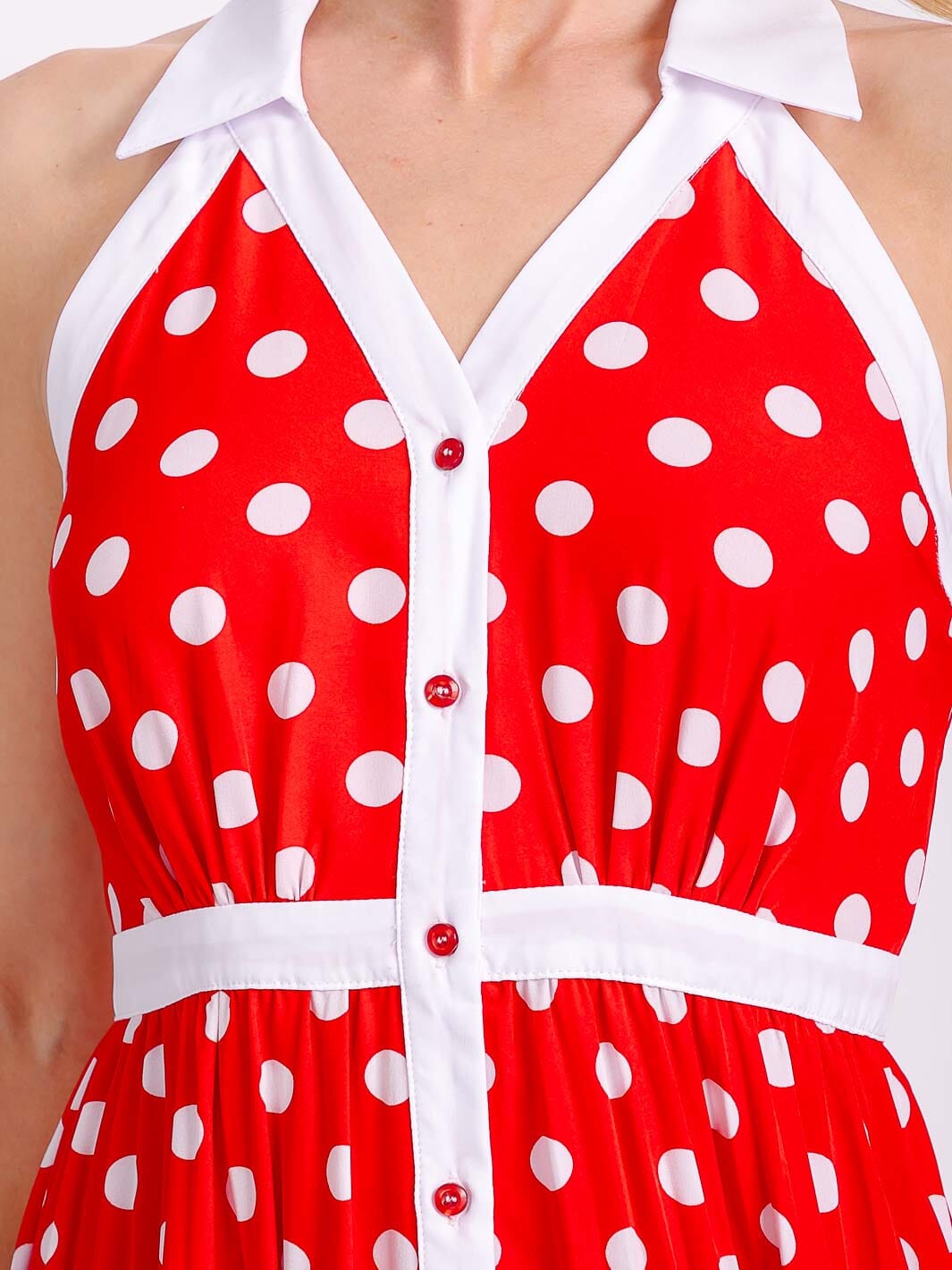 WOMEN'S SLEEVELESS HALTER NECK BUTTON UP POLKA DOTS COLORBLOCK MIDI DRESS