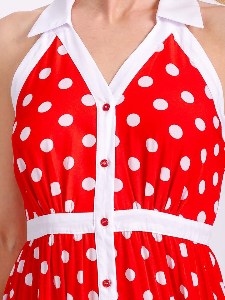 WOMEN'S SLEEVELESS HALTER NECK BUTTON UP POLKA DOTS COLORBLOCK MIDI DRESS