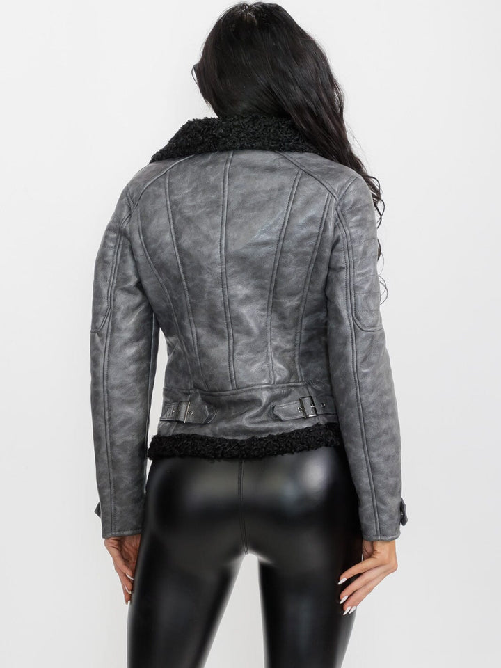 WOMEN'S LONG SLEEVE SHERPA LINING ZIPPER CLOSURE FRONT POCKETS PU PLEATHER JACKET