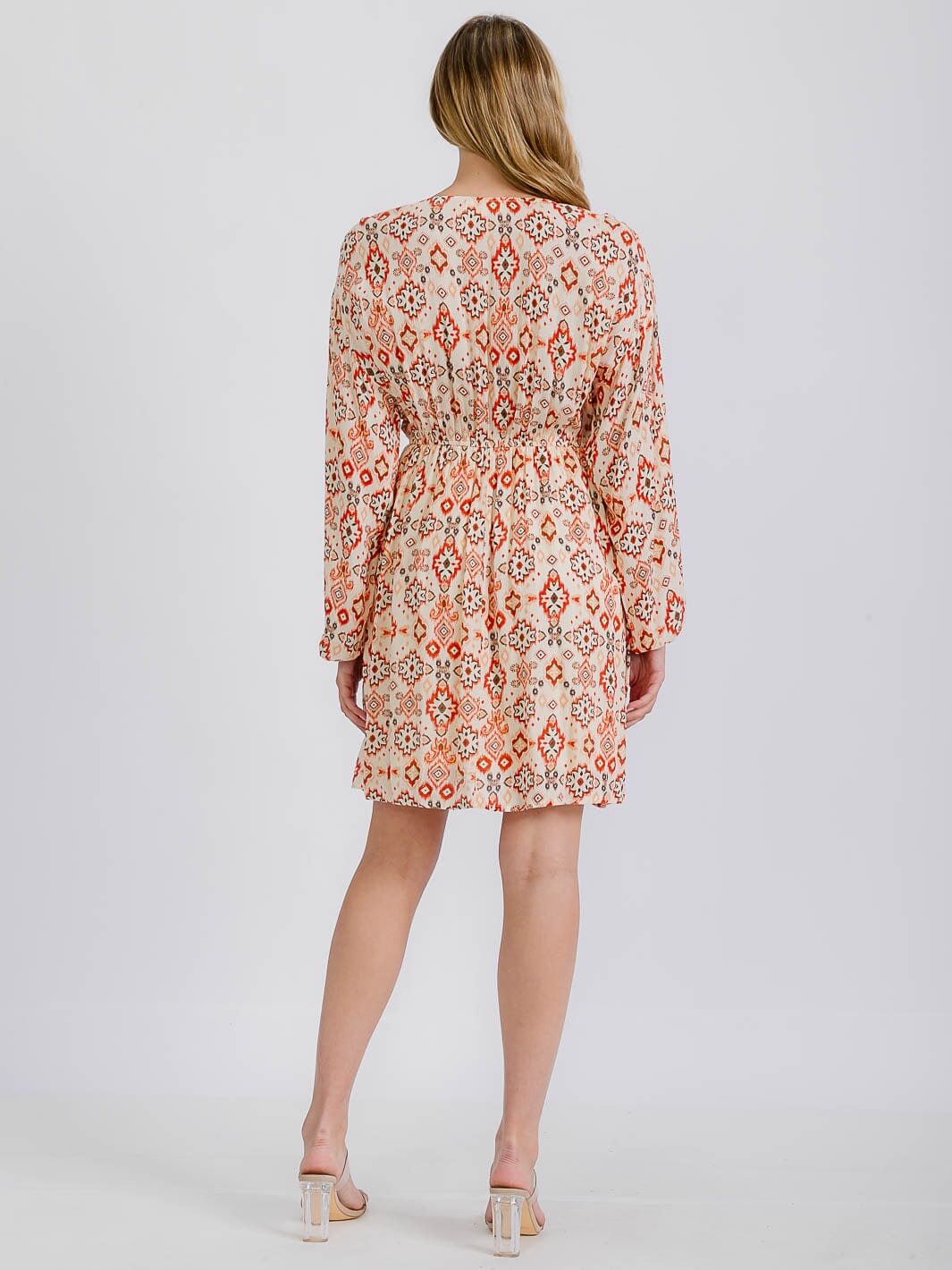 WOMEN'S LONG SLEEVE ELASTIC WAIST V-NECK MULTI PRINT MINI DRESS