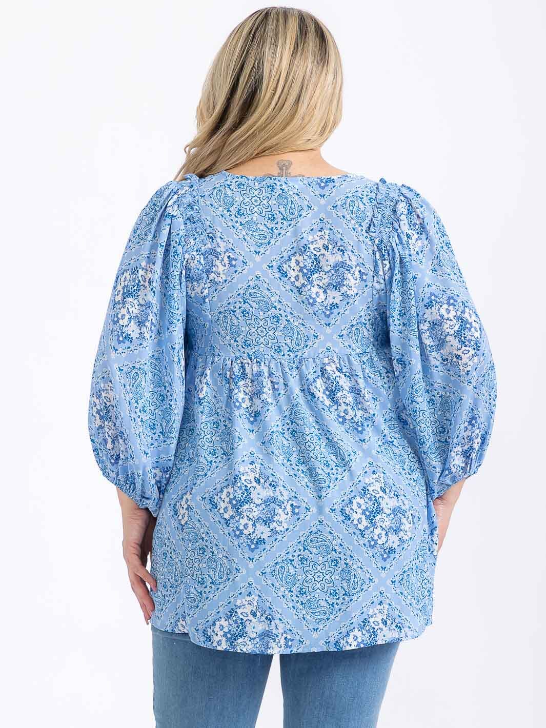 PLUS SIZE LONG SLEEVE V-NECK MULTI PRINT HIGH-LOW BLOUSE