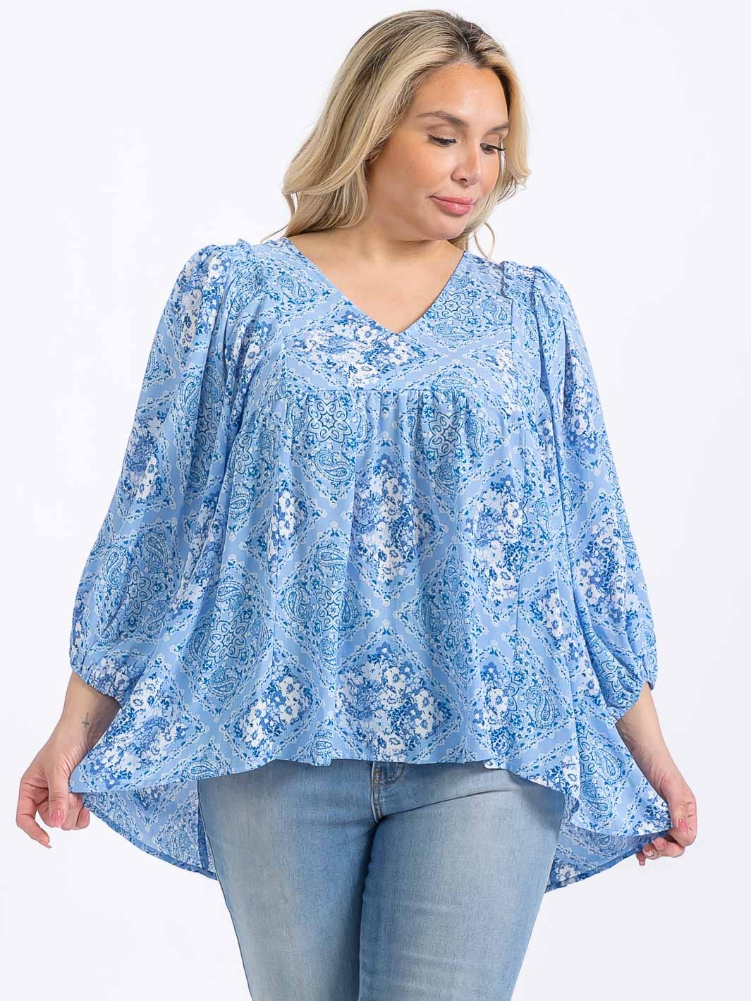 PLUS SIZE LONG SLEEVE V-NECK MULTI PRINT HIGH-LOW BLOUSE
