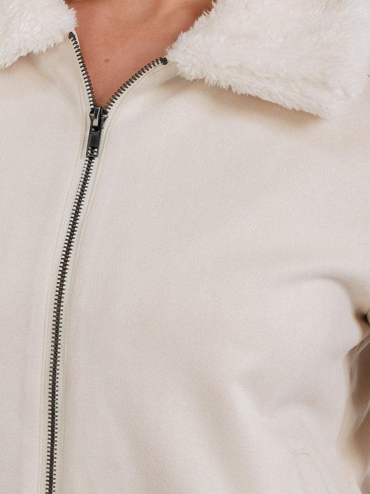 WOMEN'S LONG SLEEVE ZIPPER CLOSURE FRONT POCKETS SHERPA COLLAR JACKET