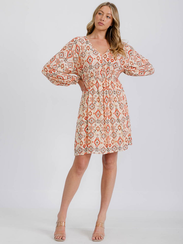 WOMEN'S LONG SLEEVE ELASTIC WAIST V-NECK MULTI PRINT MINI DRESS