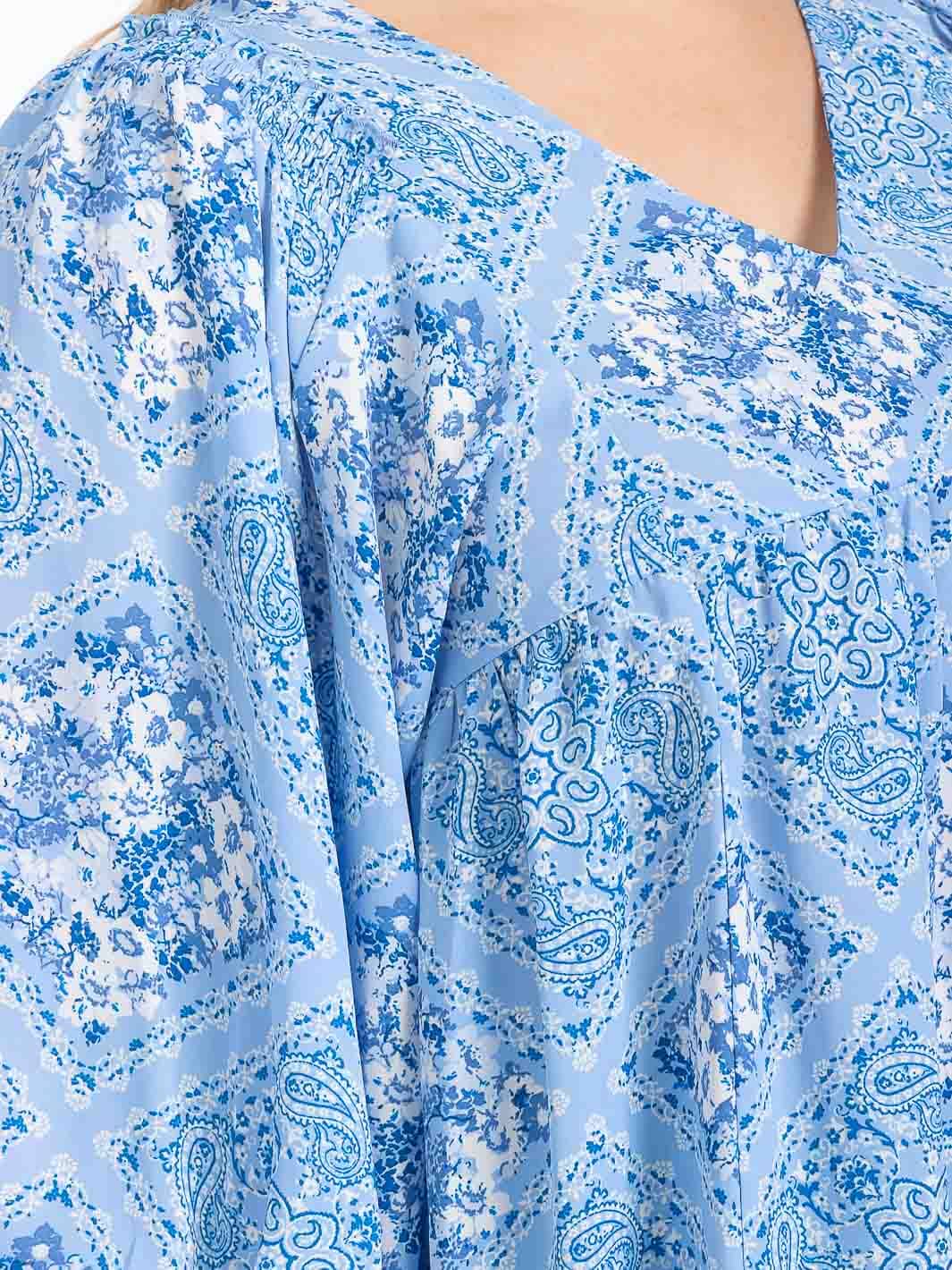 PLUS SIZE LONG SLEEVE V-NECK MULTI PRINT HIGH-LOW BLOUSE