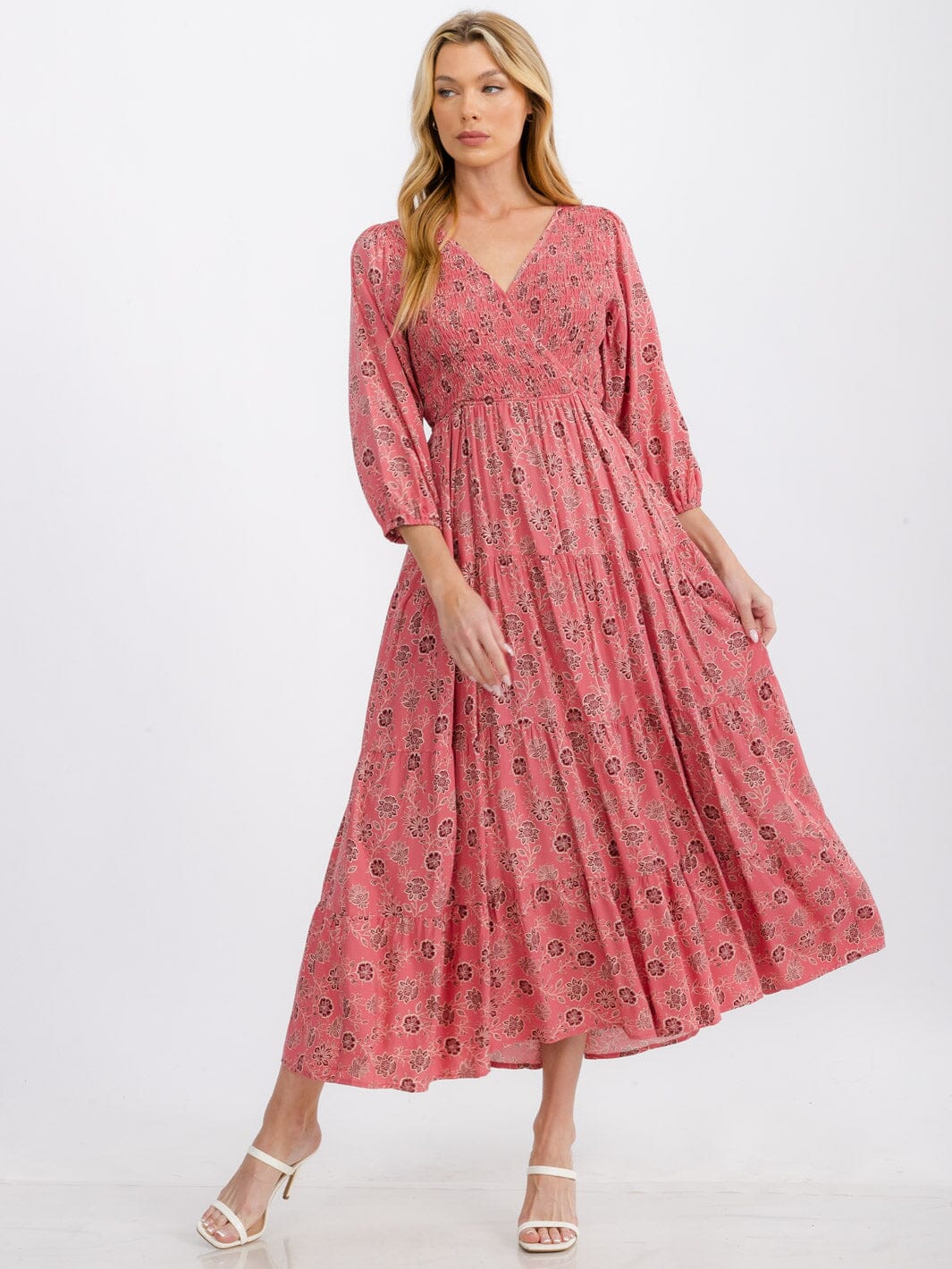 WOMEN'S 3/4 SLEEVE SURPLICE ELASTIC WAIST FLORAL TIERED MAXI DRESS