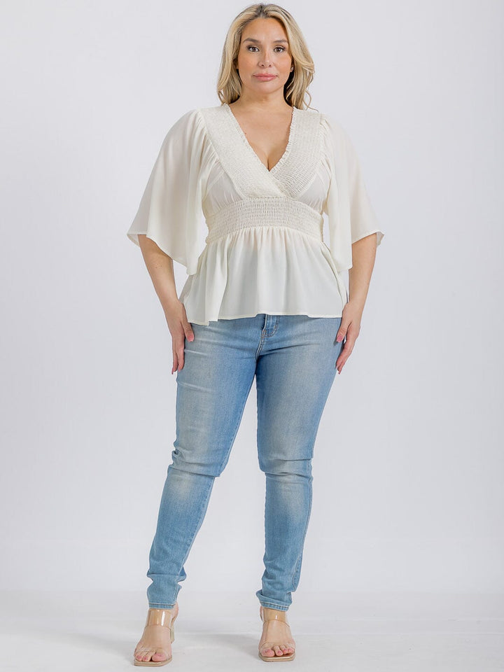 PLUS SIZE SHORT SLEEVE V-NECK SMOCK WAIST PEPLUM BLOUSE