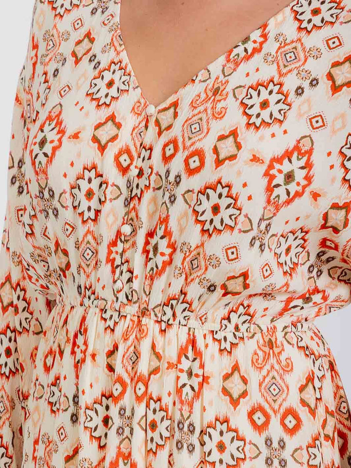 WOMEN'S LONG SLEEVE ELASTIC WAIST V-NECK MULTI PRINT MINI DRESS