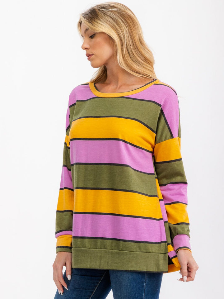 WOMEN'S LONG SLEEVE MULTI COLOR STRIPES TOPS