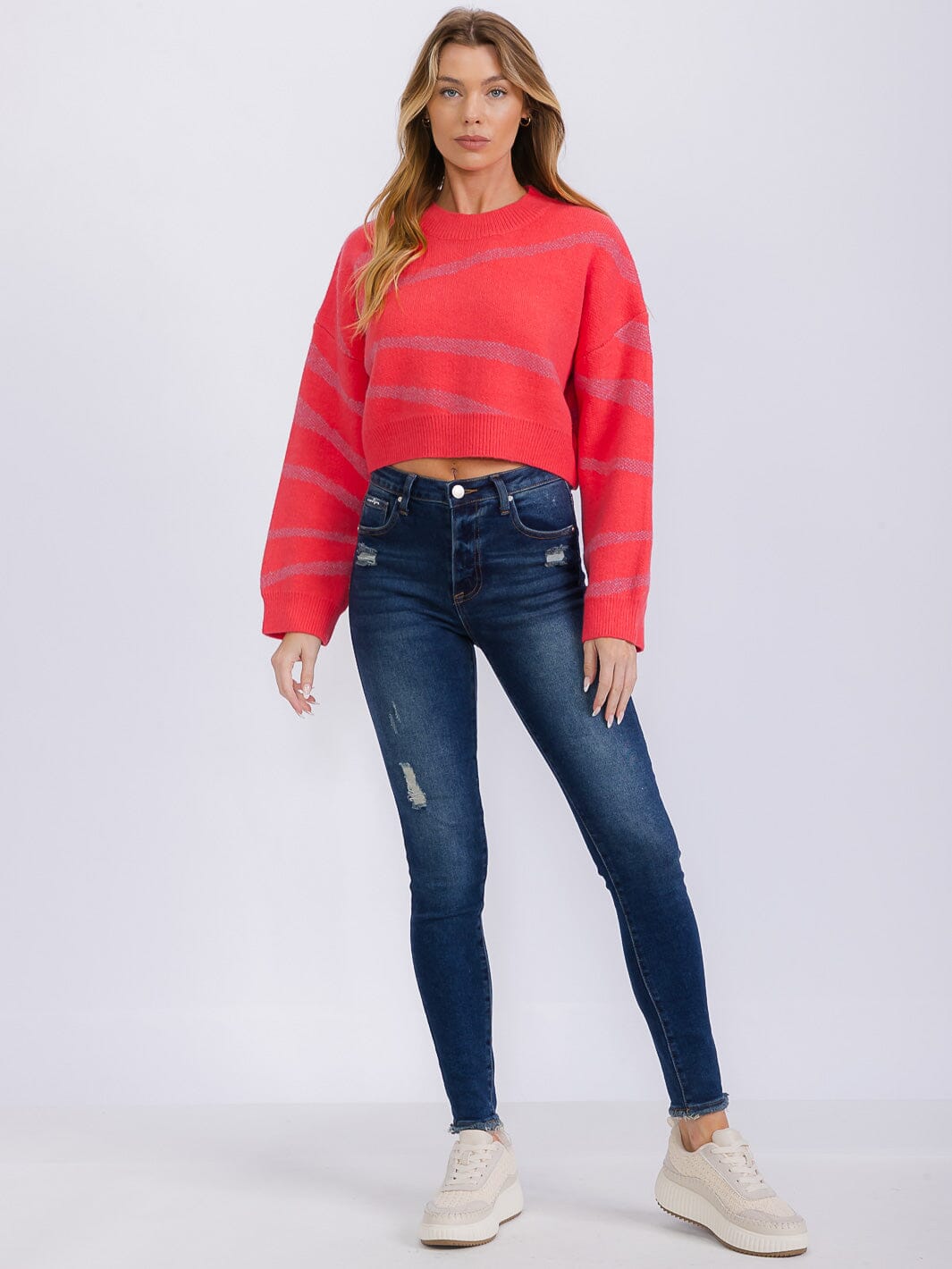 WOMEN'S LONG SLEEVE COLORBLOCK STRIPES PULLOVER SWEATER