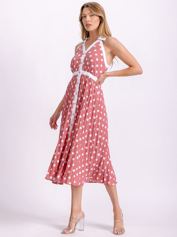 WOMEN'S SLEEVELESS HALTER NECK BUTTON UP POLKA DOTS COLORBLOCK MIDI DRESS