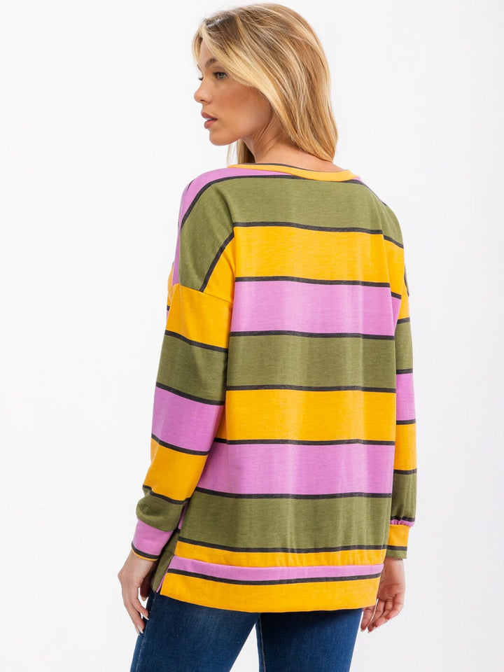 WOMEN'S LONG SLEEVE MULTI COLOR STRIPES TOPS