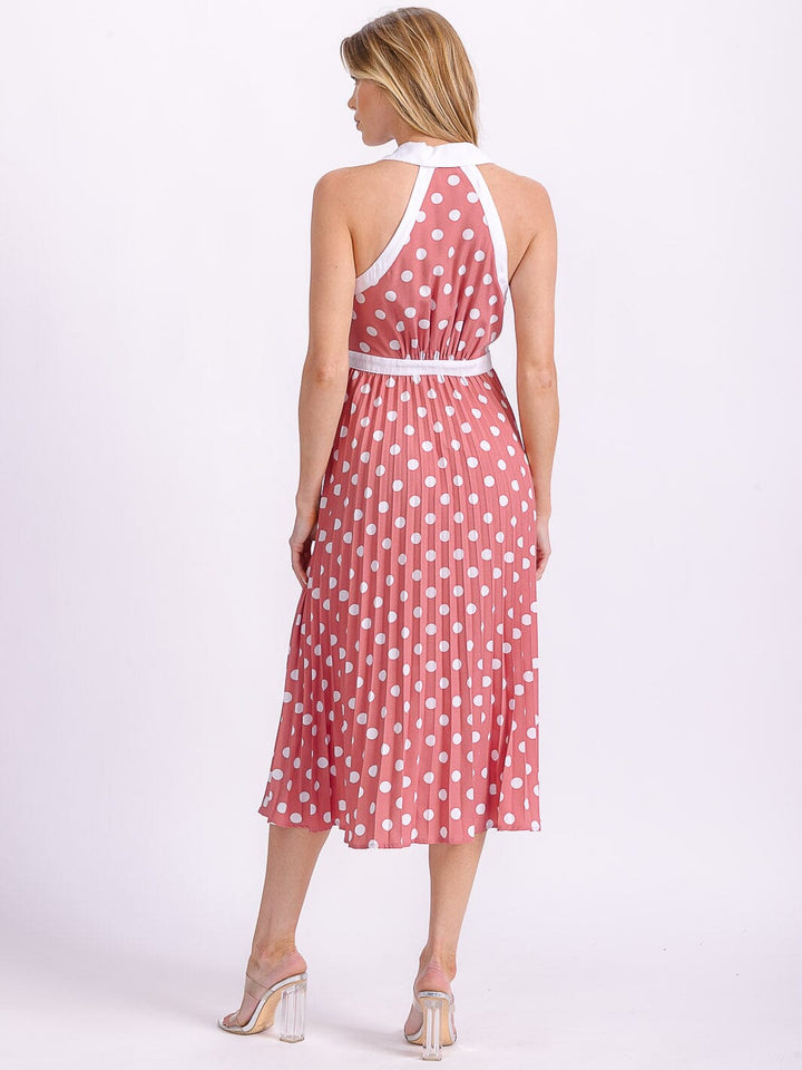 WOMEN'S SLEEVELESS HALTER NECK BUTTON UP POLKA DOTS COLORBLOCK MIDI DRESS