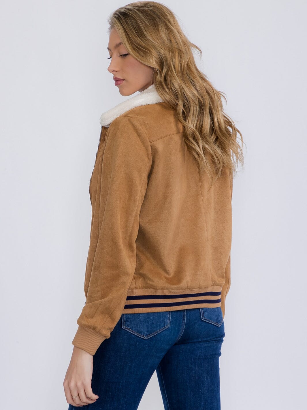 WOMEN'S LONG SLEEVE ZIPPER CLOSURE FRONT POCKETS SHERPA COLLAR JACKET
