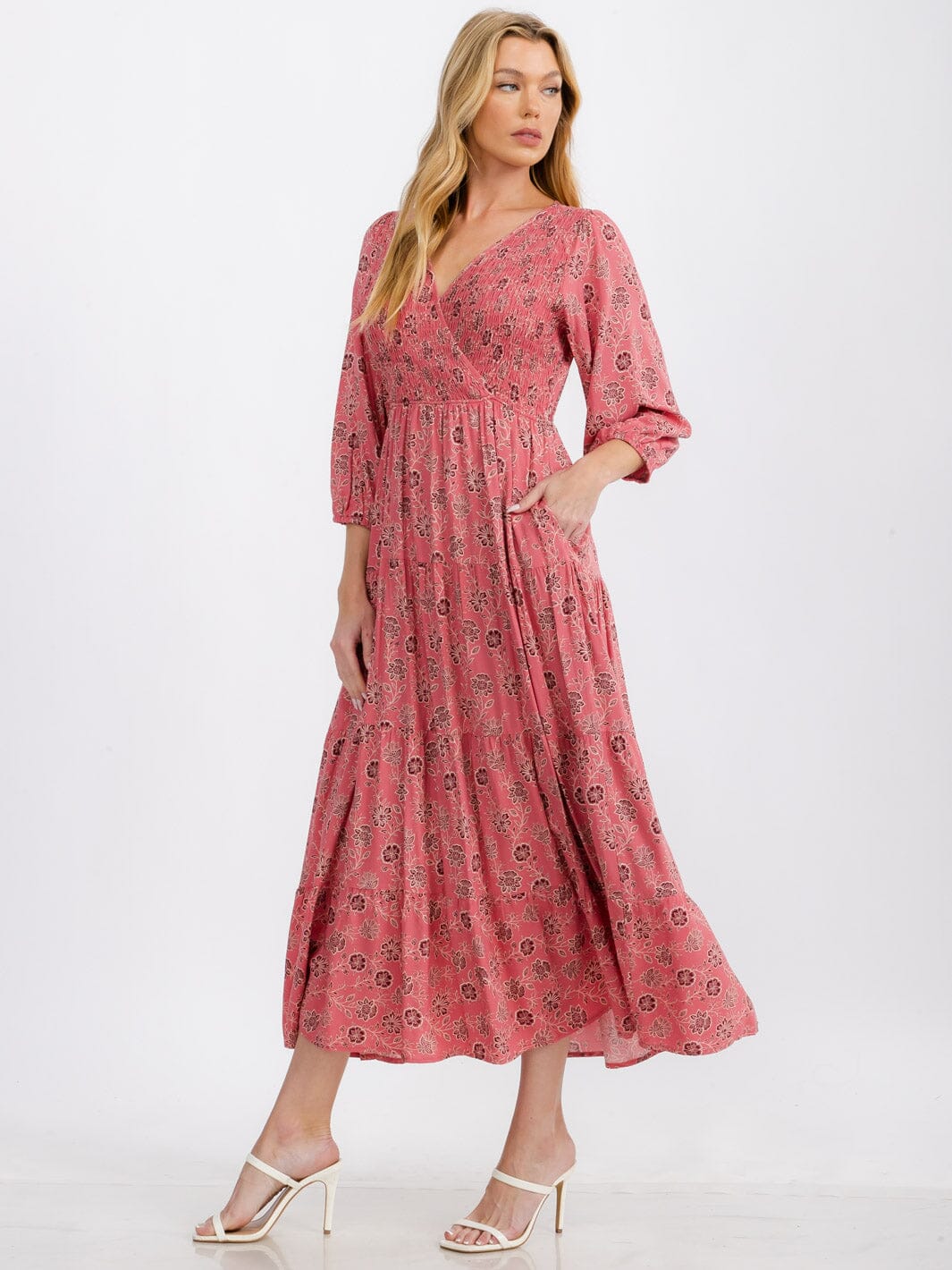 WOMEN'S 3/4 SLEEVE SURPLICE ELASTIC WAIST FLORAL TIERED MAXI DRESS