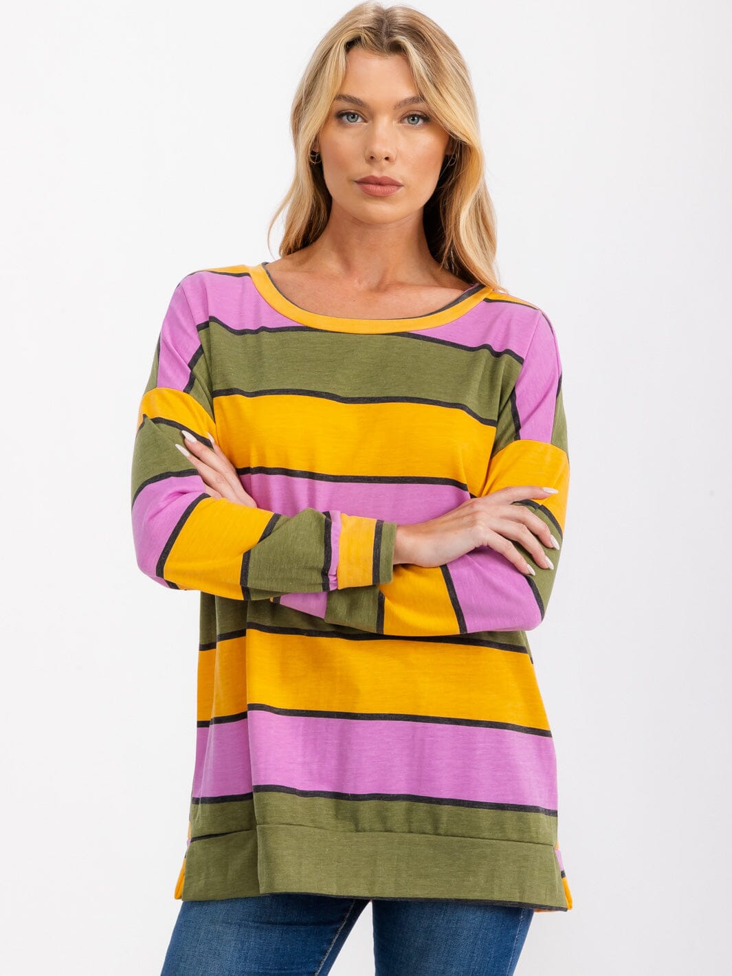 WOMEN'S LONG SLEEVE MULTI COLOR STRIPES TOPS