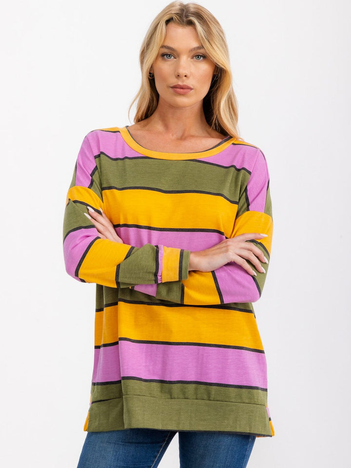 WOMEN'S LONG SLEEVE MULTI COLOR STRIPES TOPS