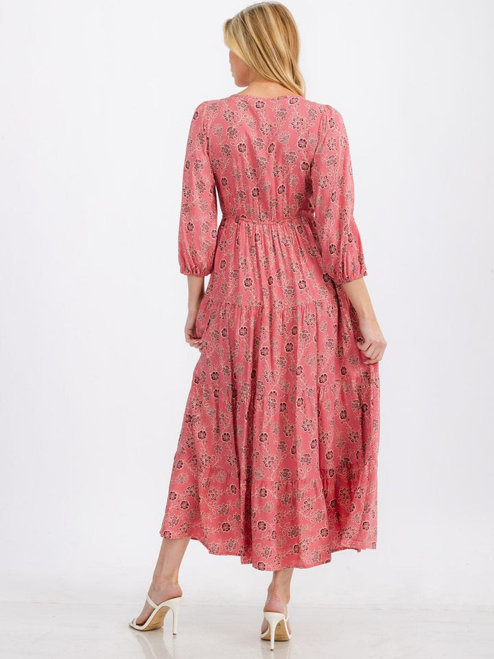 WOMEN'S 3/4 SLEEVE SURPLICE ELASTIC WAIST FLORAL TIERED MAXI DRESS