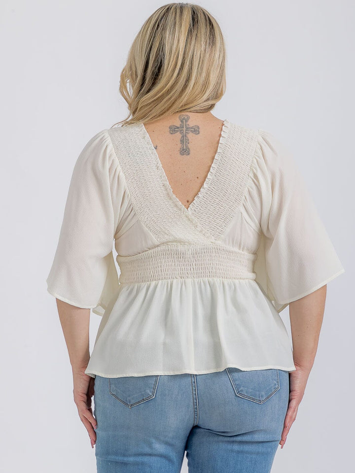 PLUS SIZE SHORT SLEEVE V-NECK SMOCK WAIST PEPLUM BLOUSE