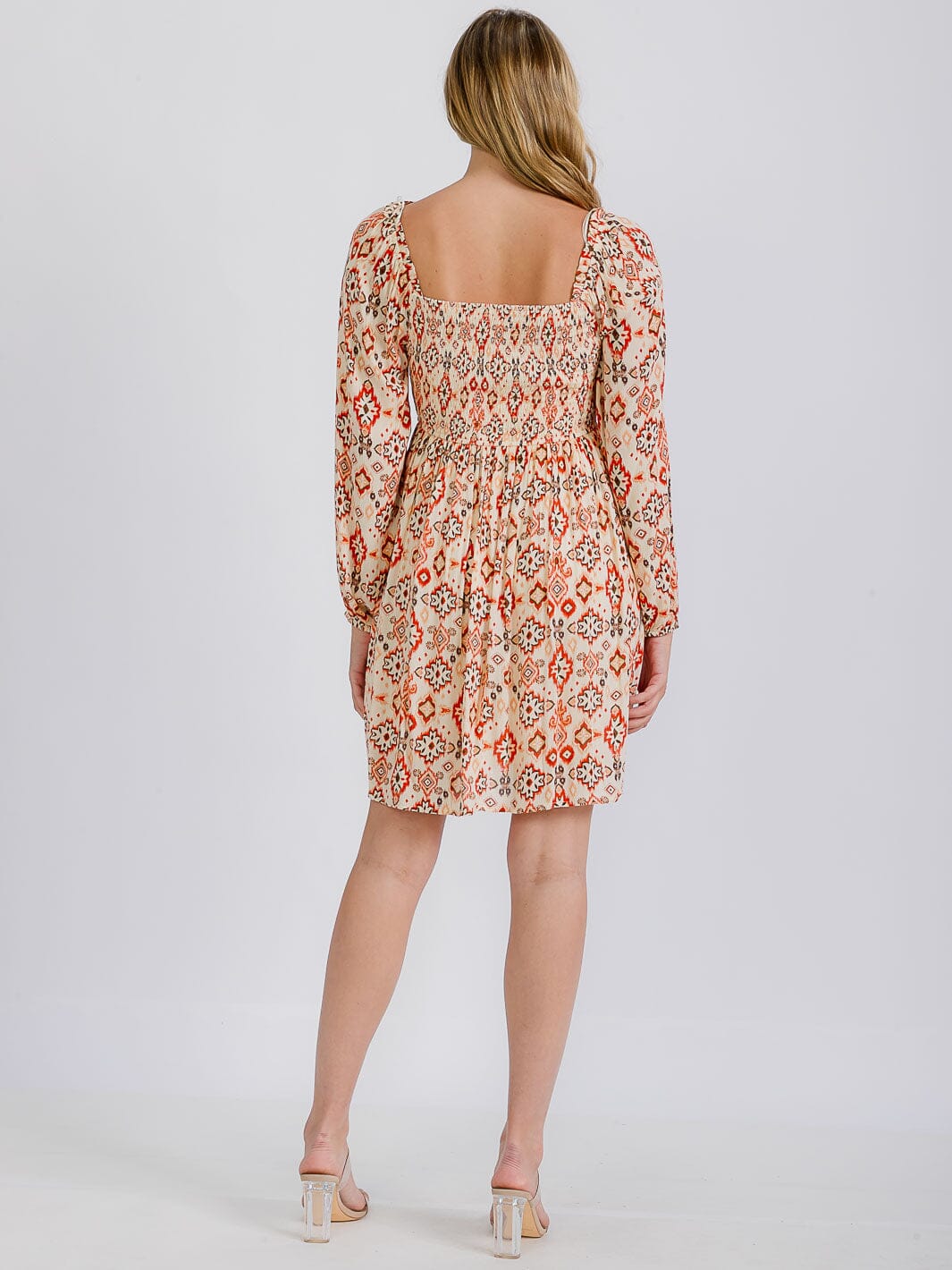 WOMEN'S LONG SLEEVE ELASTIC WAIST MULTI PRINT MINI DRESS