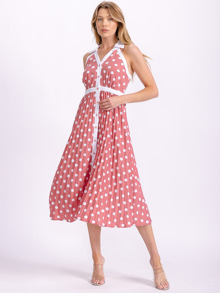 WOMEN'S SLEEVELESS HALTER NECK BUTTON UP POLKA DOTS COLORBLOCK MIDI DRESS