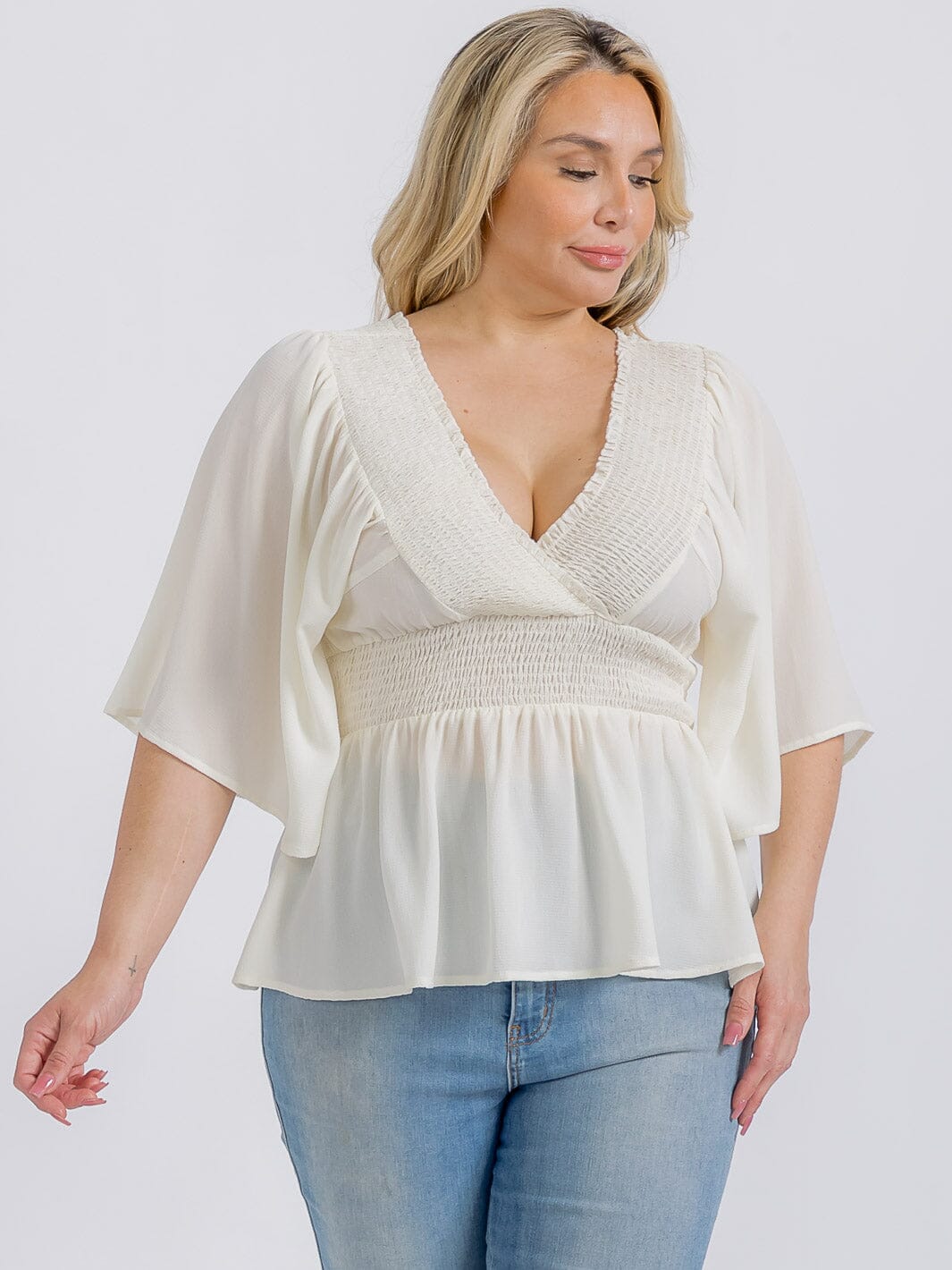PLUS SIZE SHORT SLEEVE V-NECK SMOCK WAIST PEPLUM BLOUSE