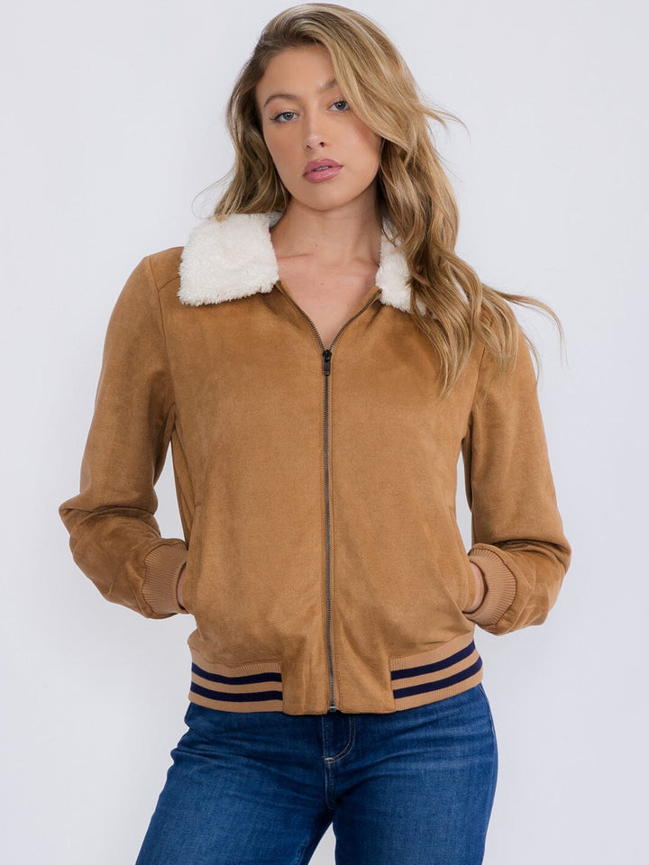 WOMEN'S LONG SLEEVE ZIPPER CLOSURE FRONT POCKETS SHERPA COLLAR JACKET