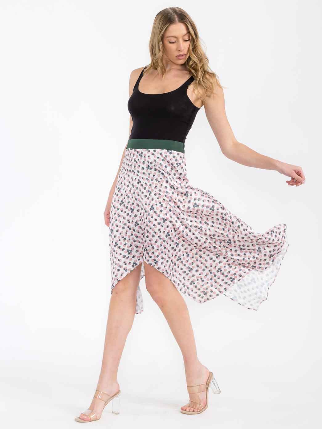 WOMEN'S ELASTIC WAIST MULTI PRINT HIGH-LOW MIDI SKIRT