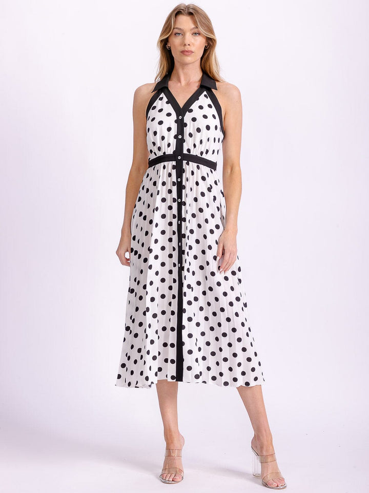 WOMEN'S SLEEVELESS HALTER NECK BUTTON UP POLKA DOTS COLORBLOCK MIDI DRESS