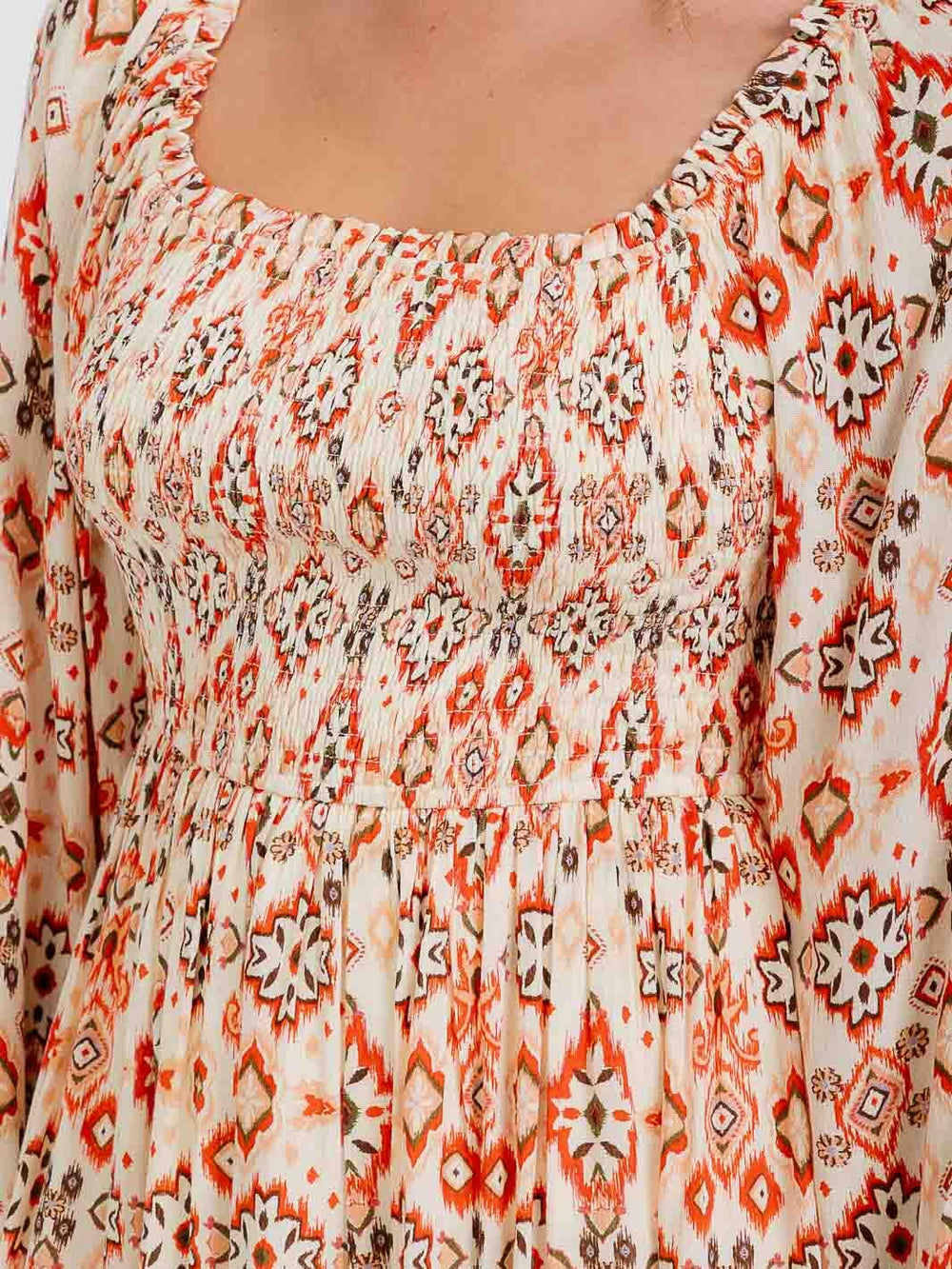 WOMEN'S LONG SLEEVE ELASTIC WAIST MULTI PRINT MINI DRESS