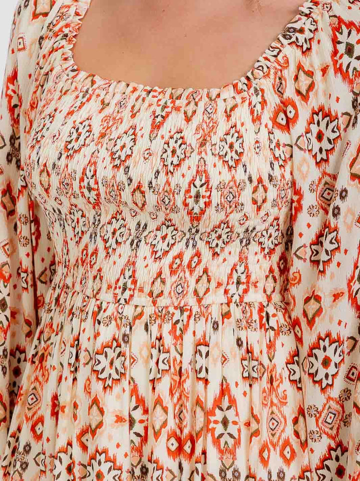 WOMEN'S LONG SLEEVE ELASTIC WAIST MULTI PRINT MINI DRESS