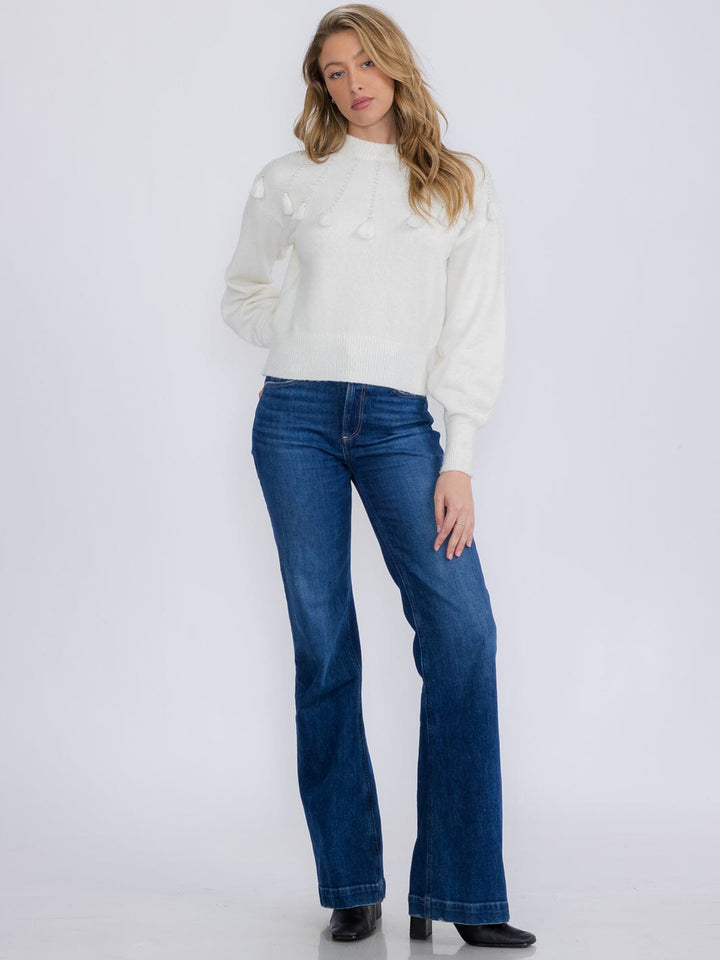 WOMEN'S LONG SLEEVE PEARL TASSEL FUZZY PULLOVER SWEATER