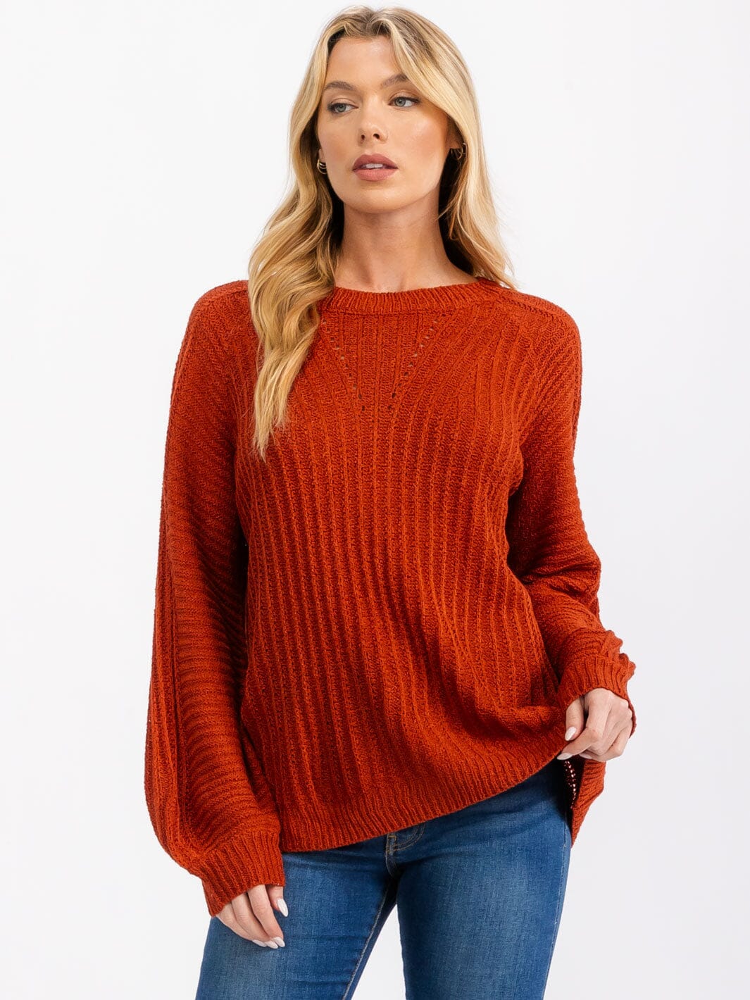 WOMEN'S LONG BALLOON SLEEVE PULLOVER KNIT SWEATER