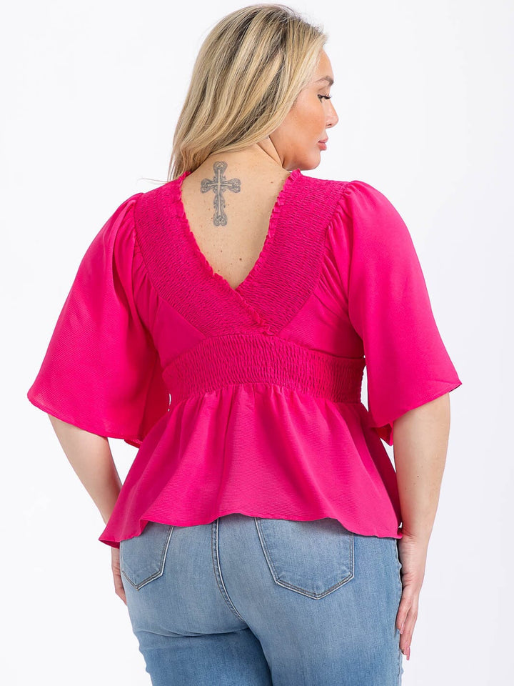 PLUS SIZE SHORT SLEEVE V-NECK SMOCK WAIST PEPLUM BLOUSE