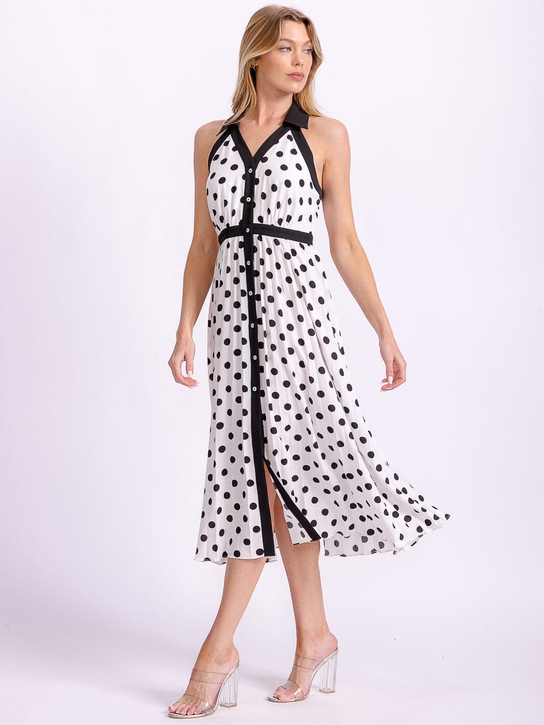 WOMEN'S SLEEVELESS HALTER NECK BUTTON UP POLKA DOTS COLORBLOCK MIDI DRESS