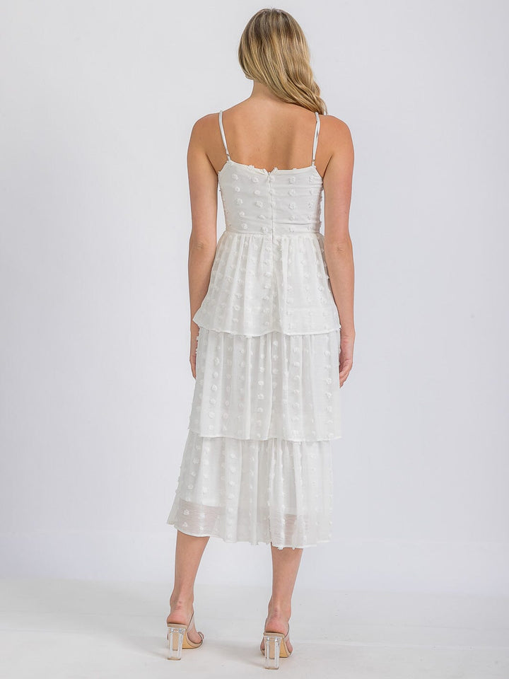WOMEN'S SLEEVELESS RUFFLE TIERED SWISS DOTS MIDI DRESS