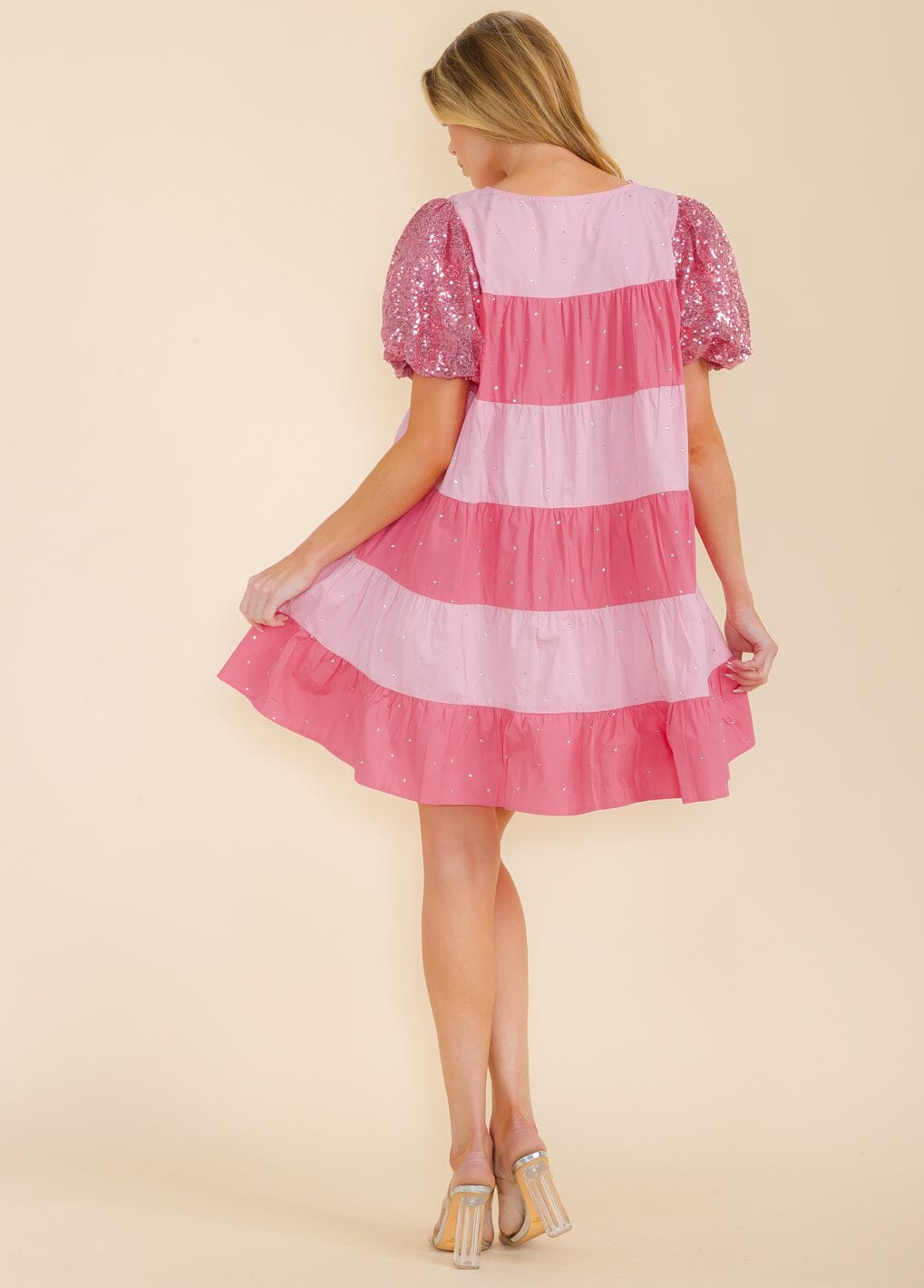 WOMEN'S SHORT SEQUINS SLEEVE COLORBLOCK TUNIC MINI DRESS