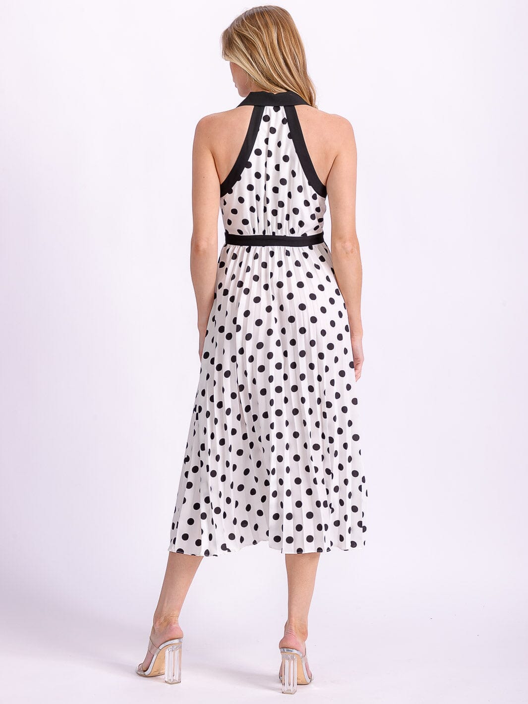 WOMEN'S SLEEVELESS HALTER NECK BUTTON UP POLKA DOTS COLORBLOCK MIDI DRESS