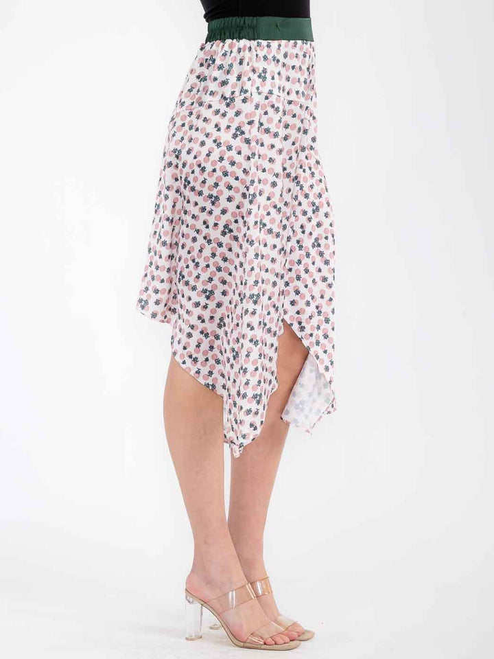 WOMEN'S ELASTIC WAIST MULTI PRINT HIGH-LOW MIDI SKIRT