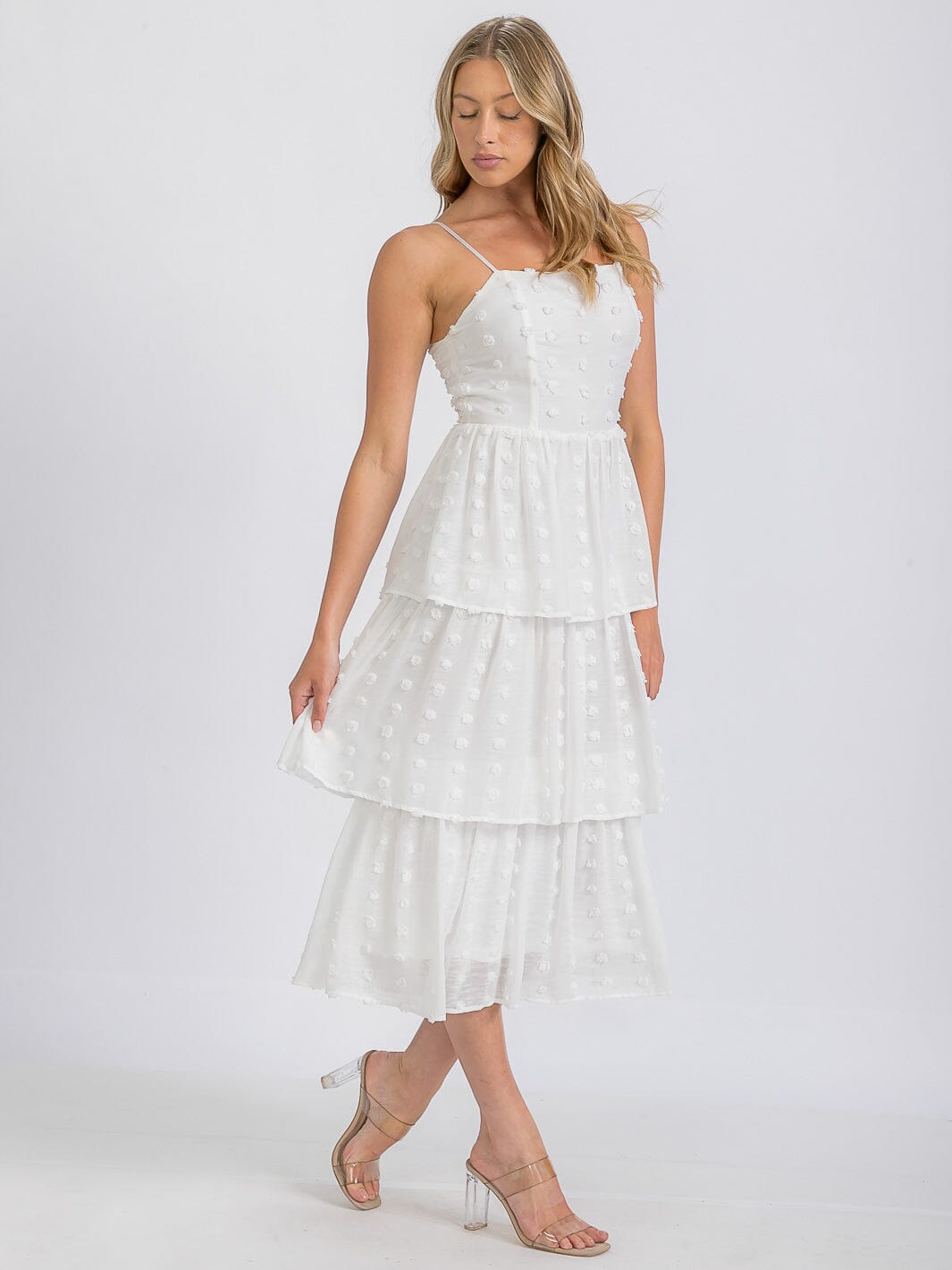 WOMEN'S SLEEVELESS RUFFLE TIERED SWISS DOTS MIDI DRESS